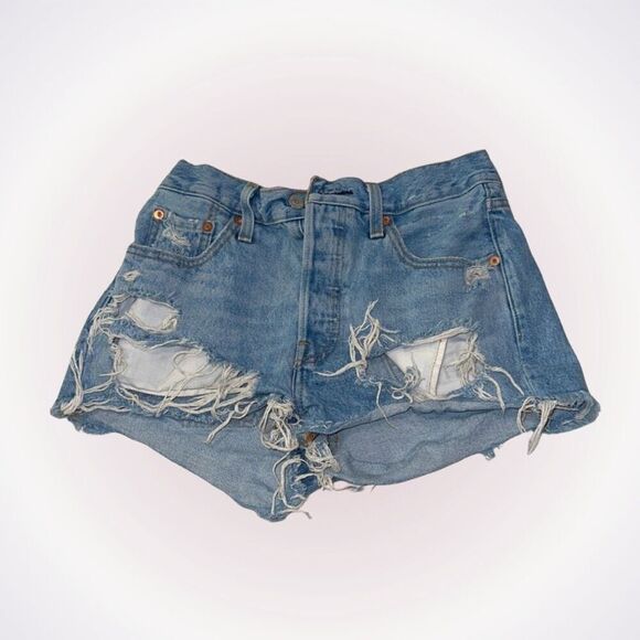 Levi's denim jean destroyed denim light blue mini shorts | Sz W25 - Picture 1 of 7